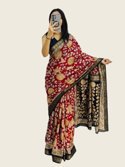 Women's Linen Floral Printed Saree With Unstitched Blouse - 5.5 Mtr (Maroon)