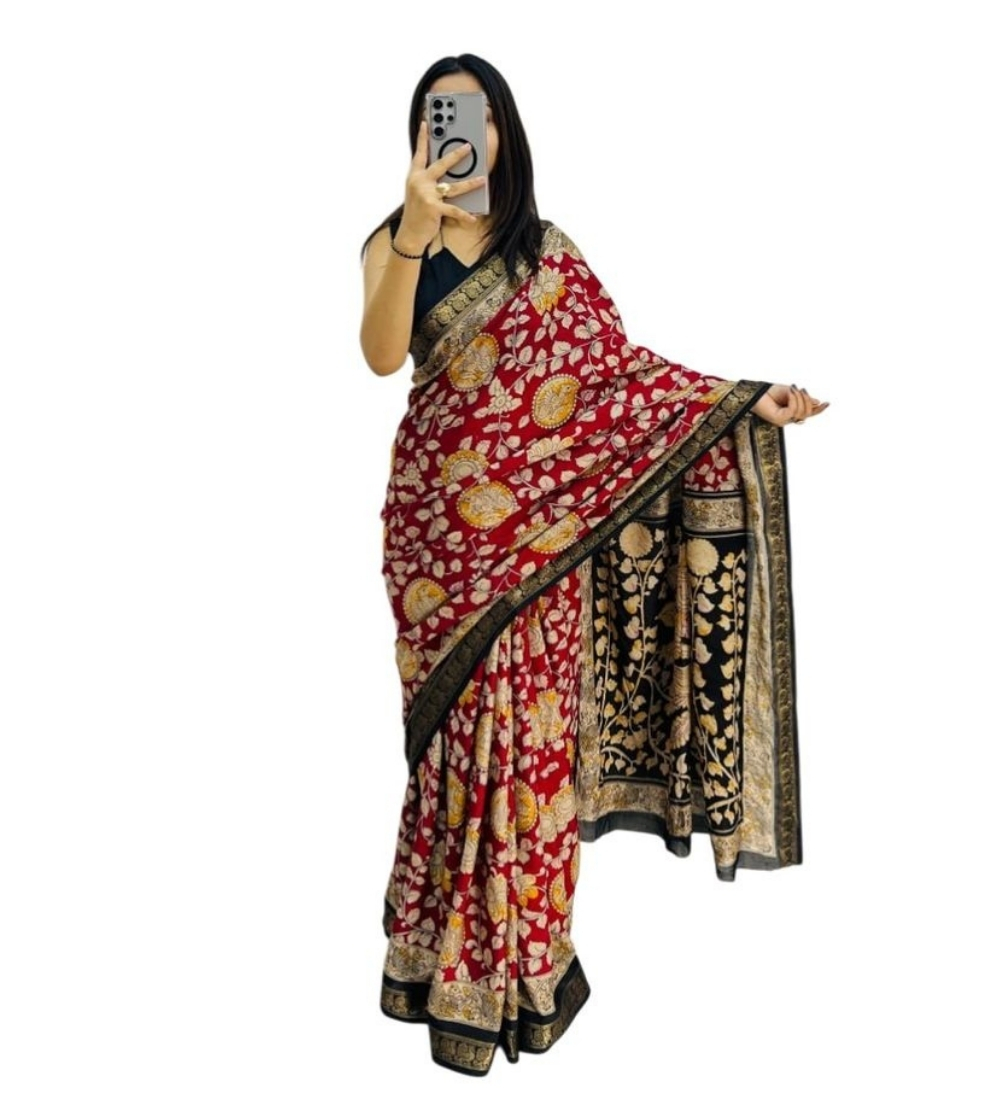 Women's Linen Floral Printed Saree With Unstitched Blouse - 5.5 Mtr (Maroon) - Image 2