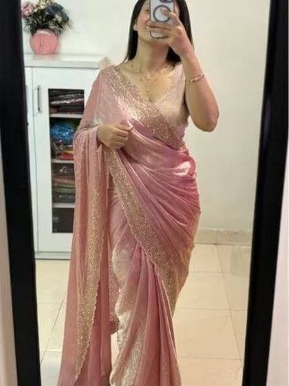 Women's Fendy Chiffon Embellished Saree With Unstitched Blouse - 5.5 Mtr (Peach)