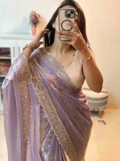 Women's Fendy Chiffon Embellished Saree With Unstitched Blouse - 5.5 Mtr (Lavender)