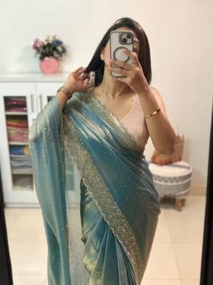 Women's Fendy Chiffon Embellished Saree With Unstitched Blouse - 5.5 Mtr (Sea Green)
