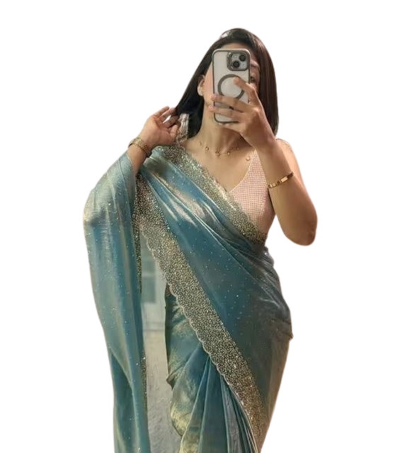 Women's Fendy Chiffon Embellished Saree With Unstitched Blouse - 5.5 Mtr (Sea Green) - Image 2