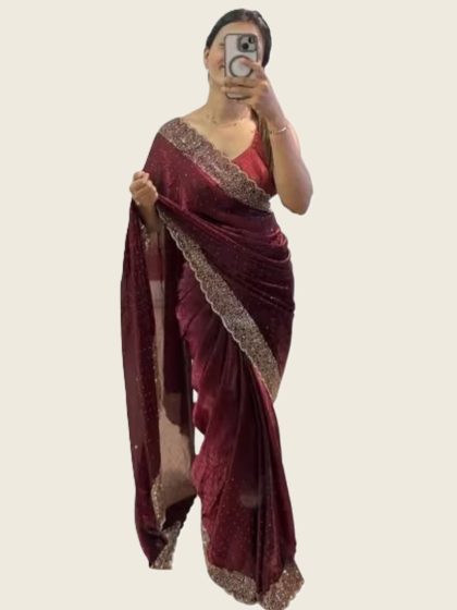 Women's Fendy Chiffon Embellished Saree With Unstitched Blouse - 5.5 Mtr (Wine)