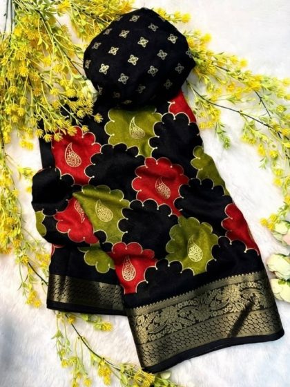 Women's Dola Silk Kalamkari Floral Printed Saree With Unstitched Blouse - 5.5 Mtr (Multicolor)