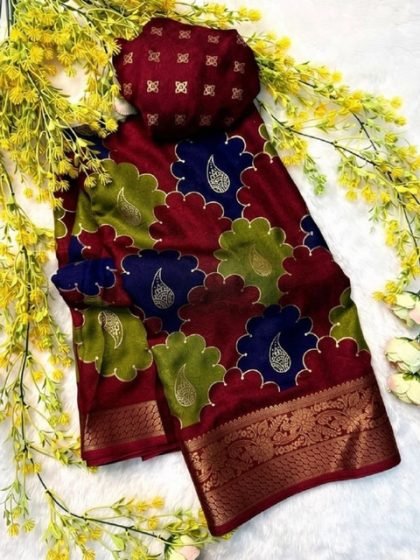 Women's Dola Silk Kalamkari Floral Printed Saree With Unstitched Blouse - 5.5 Mtr (Multicolor)