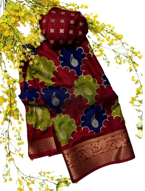 Women's Dola Silk Kalamkari Floral Printed Saree With Unstitched Blouse - 5.5 Mtr (Multicolor) - Image 2