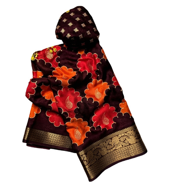 Women's Dola Silk Kalamkari Floral Printed Saree With Unstitched Blouse - 5.5 Mtr (Multicolor) - Image 2