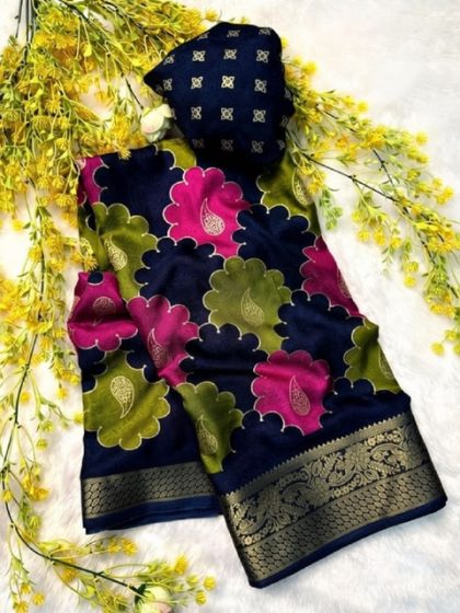 Women's Dola Silk Kalamkari Floral Printed Saree With Unstitched Blouse - 5.5 Mtr (Multicolor)