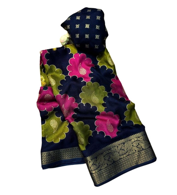 Women's Dola Silk Kalamkari Floral Printed Saree With Unstitched Blouse - 5.5 Mtr (Multicolor) - Image 2