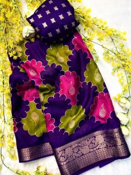 Women's Dola Silk Kalamkari Floral Printed Saree With Unstitched Blouse - 5.5 Mtr (Multicolor)