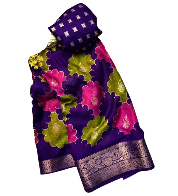 Women's Dola Silk Kalamkari Floral Printed Saree With Unstitched Blouse - 5.5 Mtr (Multicolor) - Image 2