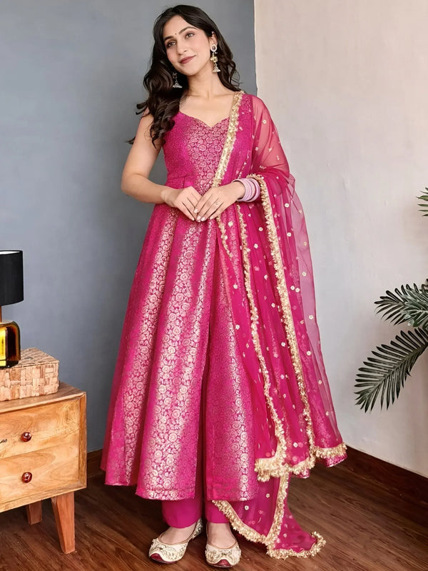 Sparkling Pink Zari Weaving Jacquard Festival Wear Gown With Dupatta - Image 3
