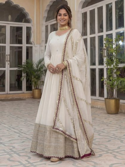 XXL Gorgeous Off-White Embroidered Silk Wedding Wear Gown With Dupatta