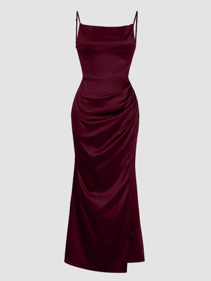 Ruched Cowl Neck Maxi Dress in Maroon