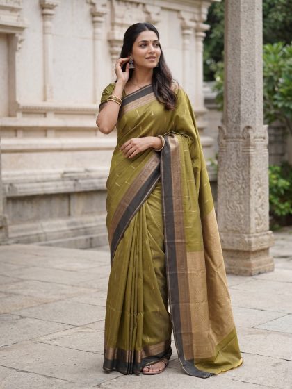 Semi Silk Olive Mehendi Green Saree with Rich Copper Golden Zari Pallu and Floral Border