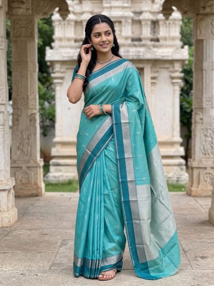 Semi Silk Teal Green Saree with Golden Zari Stripes and Contrast Zari Borders