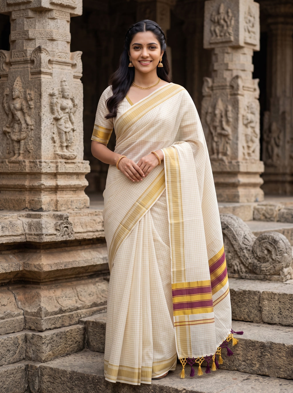Cotton Cream Kerala Saree with Checkered Design, Golden Zari and Purple Striped Border - Image 2