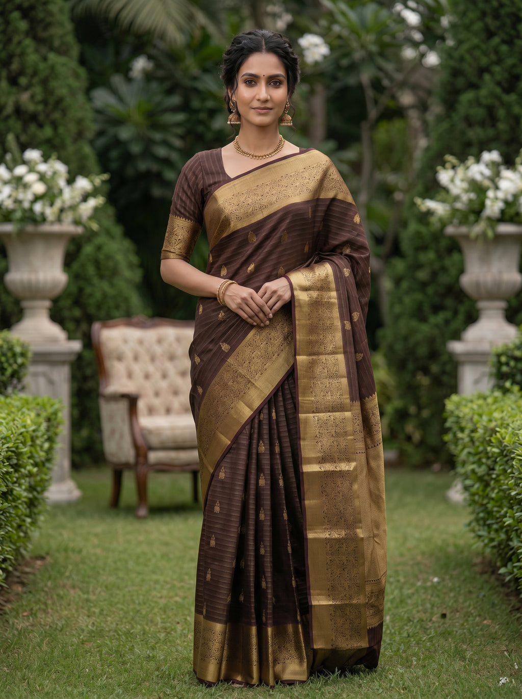Kanjivaram Silk Brown Saree with Striped Weaving and Rich Border - Image 2