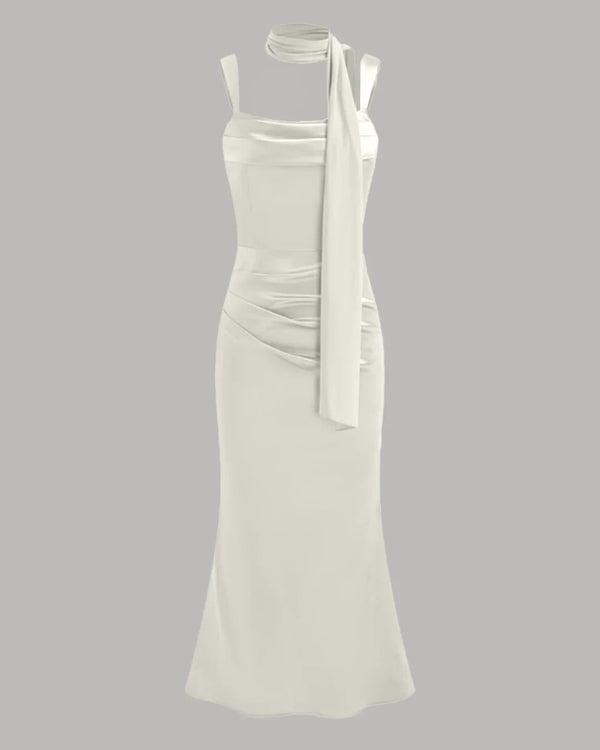 Satin Square Neck Ruched Lace Up Maxi Dress in Off White - Image 2