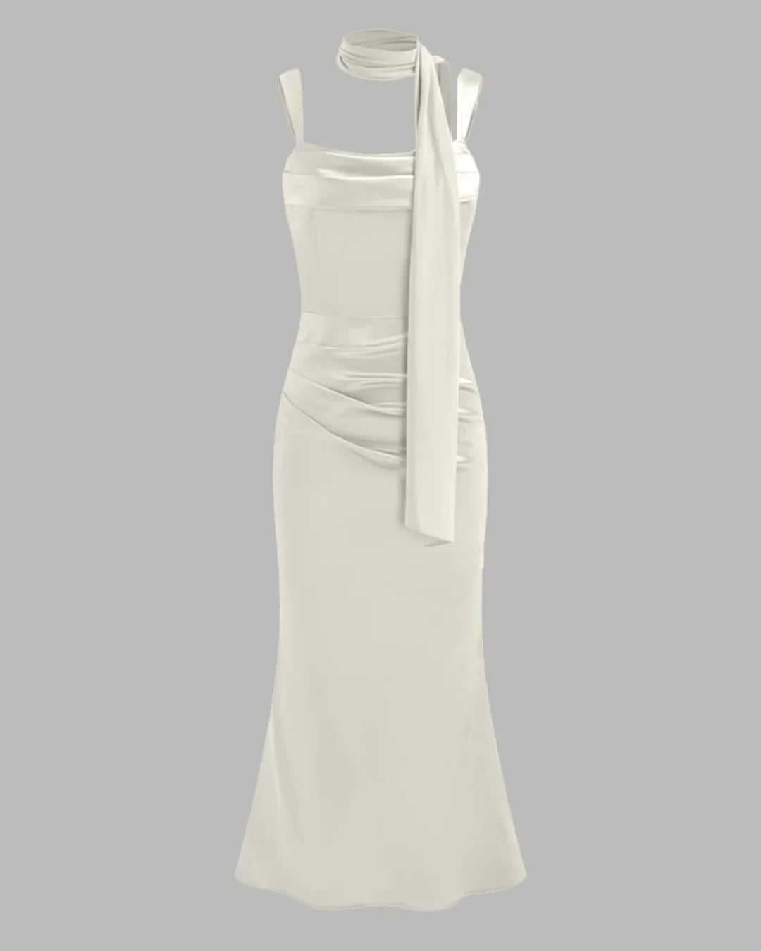 Satin Square Neck Ruched Lace Up Maxi Dress in Off White - Image 4