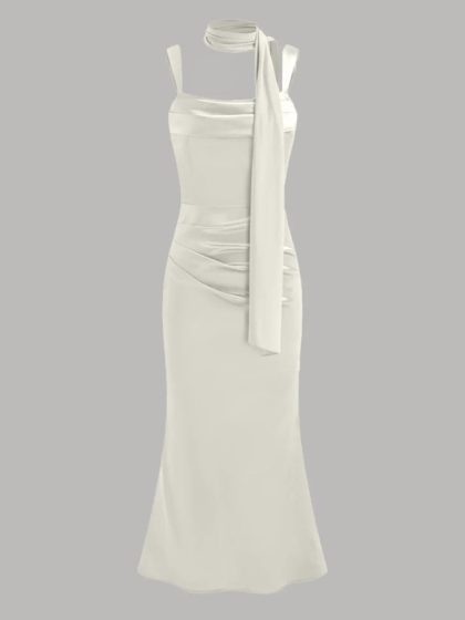 Satin Square Neck Ruched Lace Up Maxi Dress in Off White