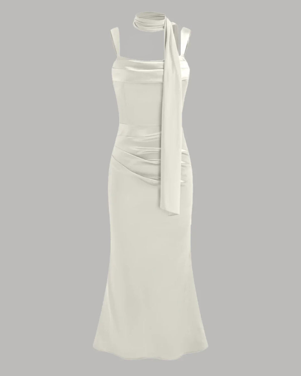 Satin Square Neck Ruched Lace Up Maxi Dress in Off White