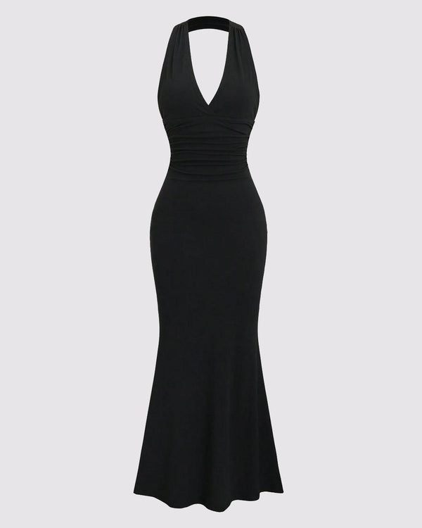 Solid Color Halter Backless Black Mermaid Dress - Image 2