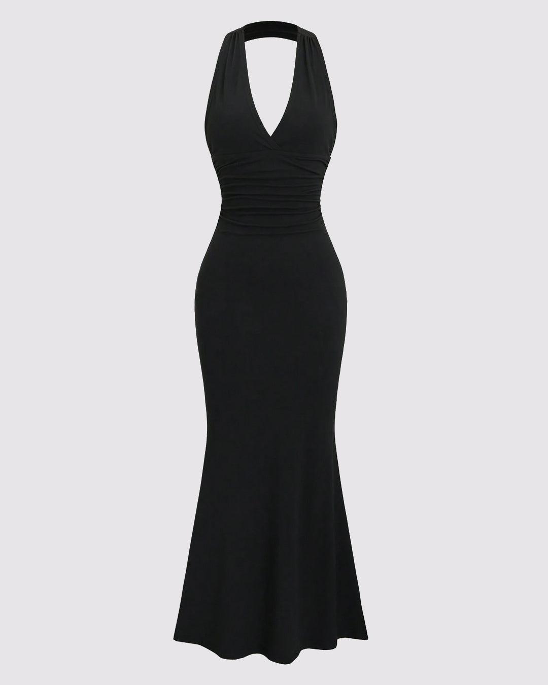 Solid Color Halter Backless Black Mermaid Dress - Image 4
