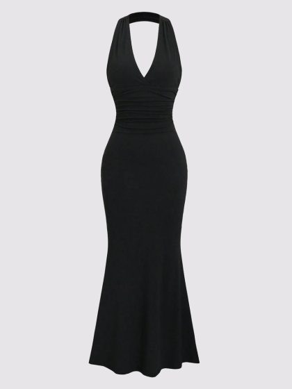 Solid Color Halter Backless Black Mermaid Dress