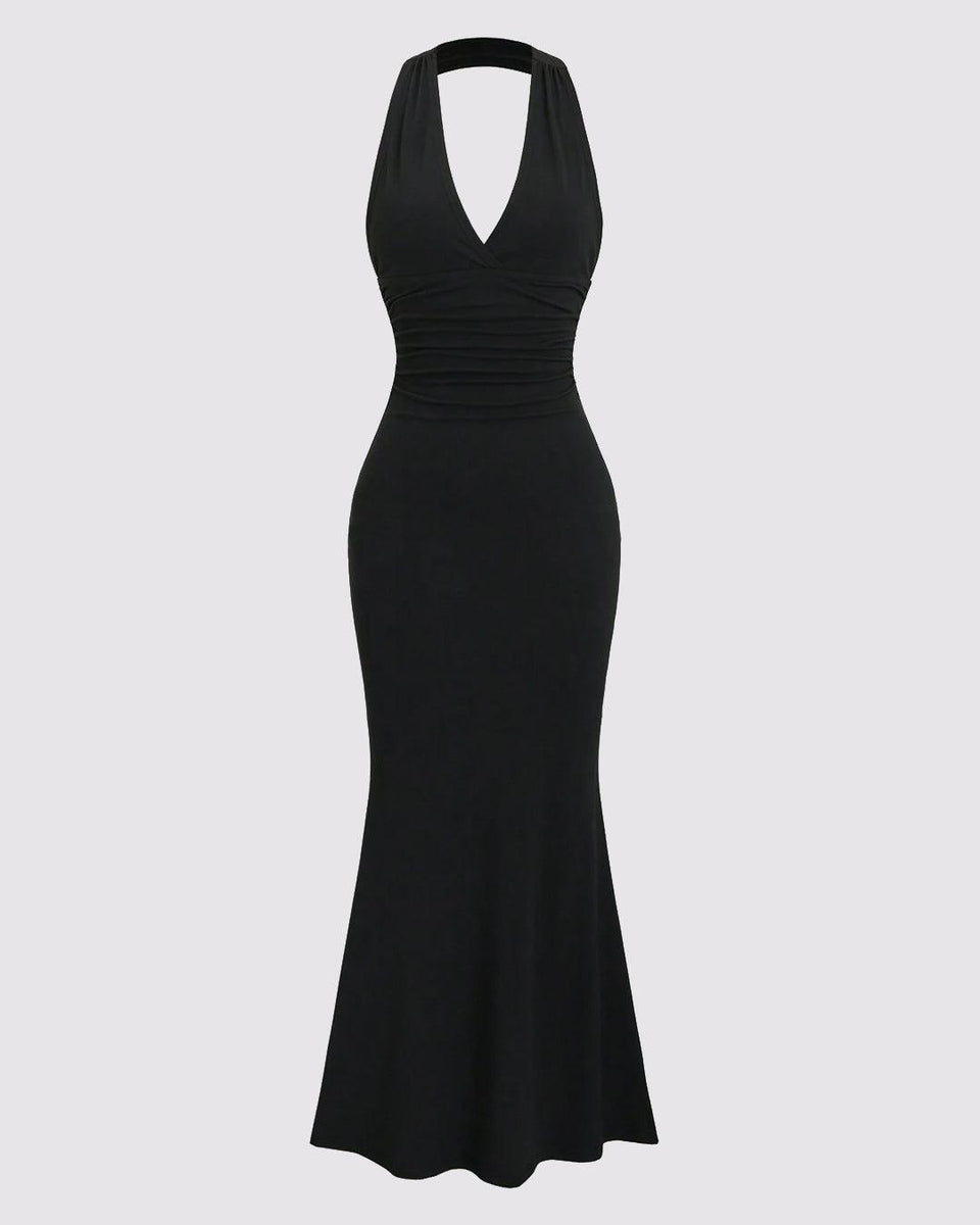 Solid Color Halter Backless Black Mermaid Dress