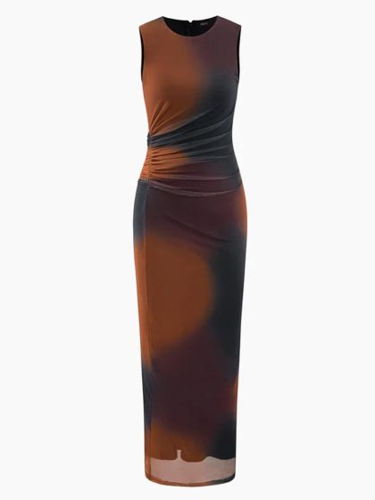 Tie Dye Sheer Mesh Slit Sleeveless Maxi Dress