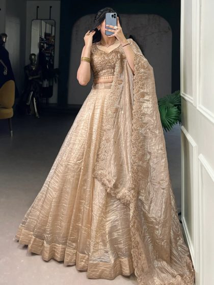 Custom Size Adorable Golden Organza Thread Work Festive Wear Lehenga Choli