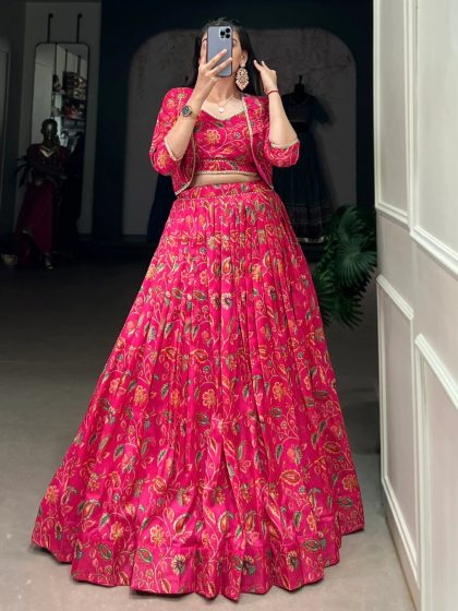 M Aesthetic Hot Pink Floral Print Tussar Silk Crop Top Lehenga With Jacket