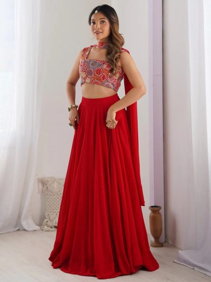 XXL Alluring Red Georgette Party Wear Lehenga Choli With Dupatta