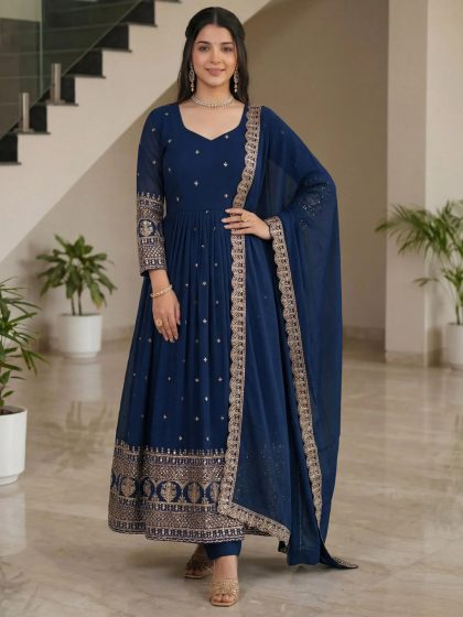 XXL Gorgeous Blue Sequins Silk Wedding Wear Gown With Dupatta