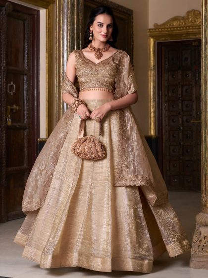 Custom Size Enchanting Golden Sequins Organza Wedding Lehenga Choli With Dupatta