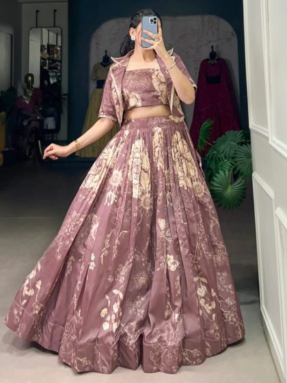 M Fascinating Mauve Printed Tussar Silk Event Wear Crop Top Lehenga With Jacket