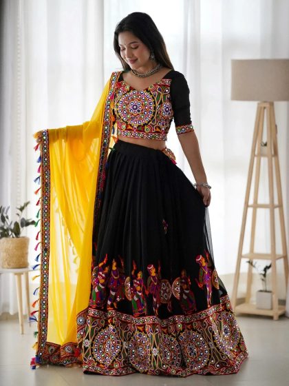 Custom Size Impressive Black Georgette Mirror Work Navratri Wear Lehenga Choli
