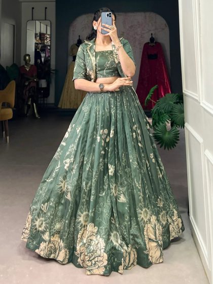 M Mesmerizing Bottle Green Printed Tussar Silk Crop Top Lehenga With Jacket