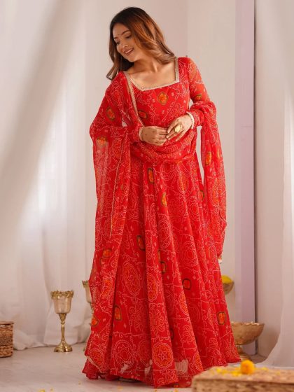 XXL Marvelous Red Bandhani Printed Georgette Festival Wear Anarkali Suit