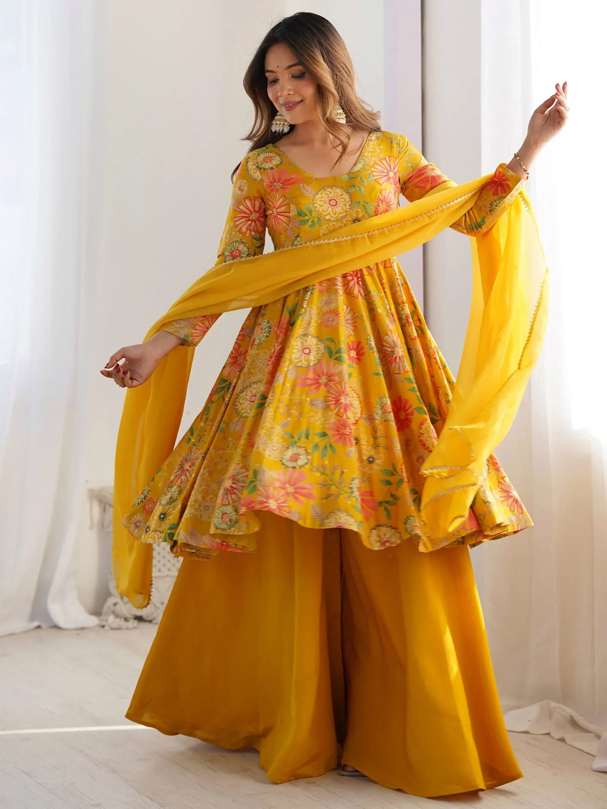 Stunning Yellow Floral Printed Silk Designer Palazzo Suit With Dupatta - Image 2