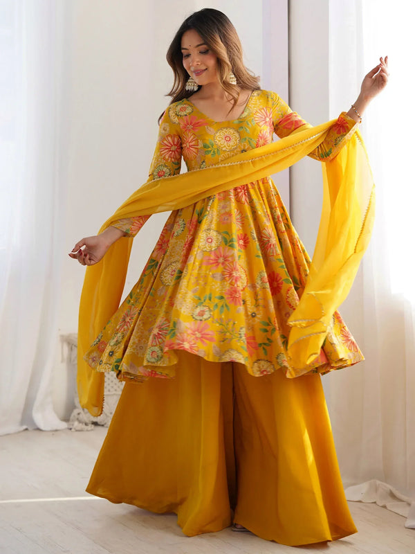 Stunning Yellow Floral Printed Silk Designer Palazzo Suit With Dupatta - Image 3