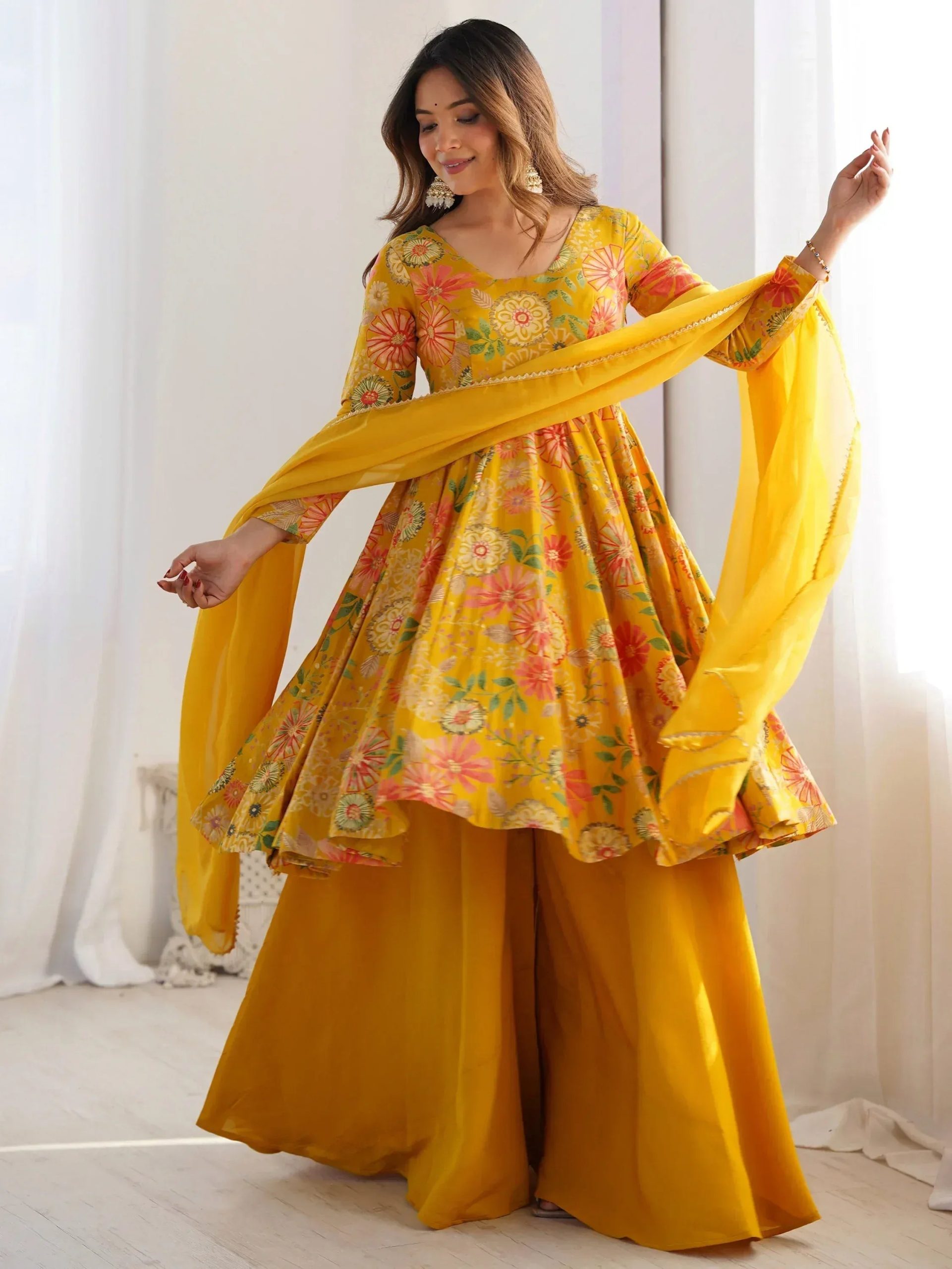 Stunning Yellow Floral Printed Silk Designer Palazzo Suit With Dupatta - Image 4