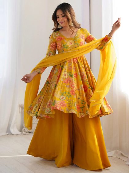 XXL Stunning Yellow Floral Printed Silk Designer Palazzo Suit With Dupatta