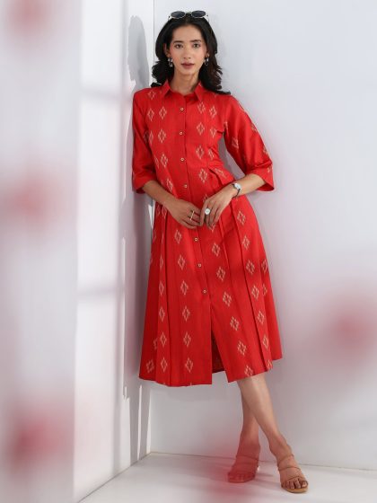 Gerua Red Ethnic Motif Woven Design A-Line One Piece Dress
