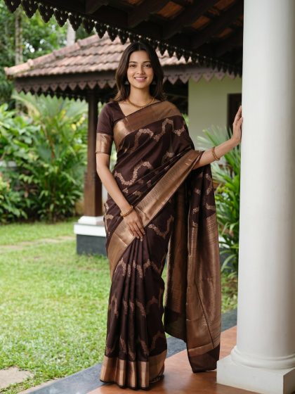 Kanjivaram Silk Dark Brown Floral Wave Pattern Saree with Rose Gold Zari Border