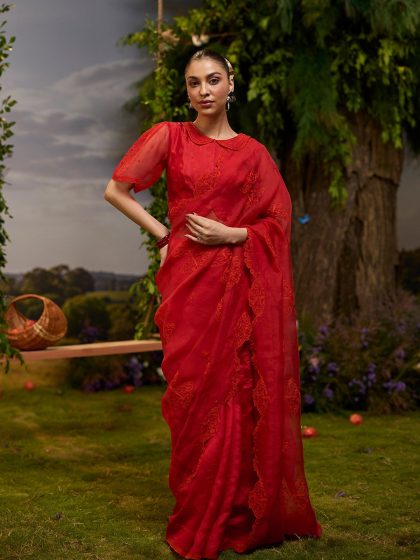 Flutter & Bloom Embroidered Red Saree
