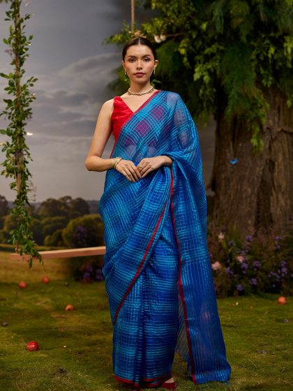A-Walk-in-Blue Checkered Saree