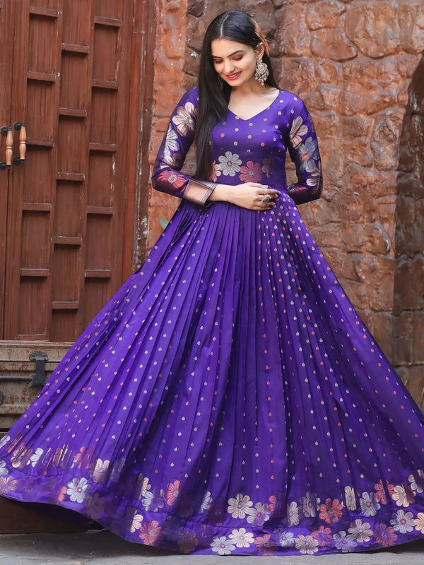 Wonderful Violet Zari Weaving Banarasi Silk Festival Wear Gown - Image 3